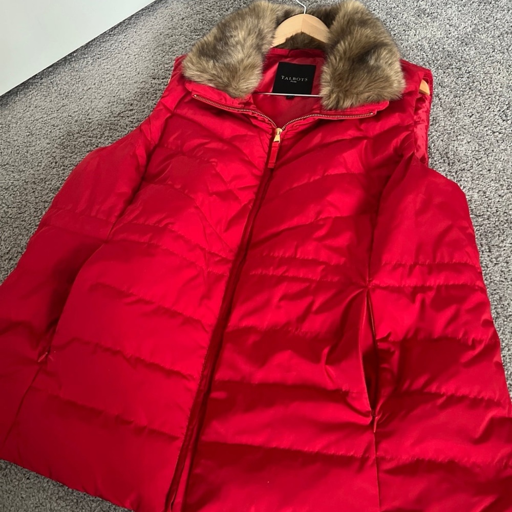 Talbots Red Fur Collar Down Vest